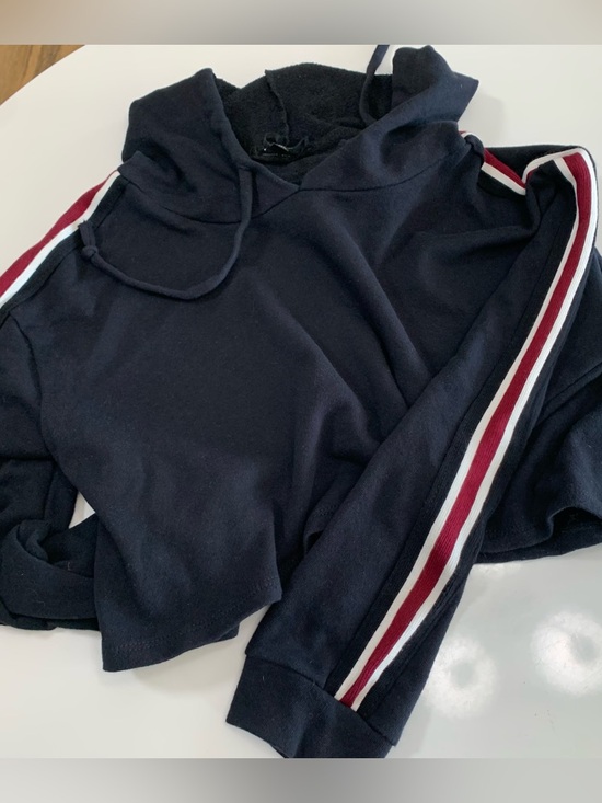 Papaya Tops - Papaya Navy Striped Sleeve Hoodie Crop Top